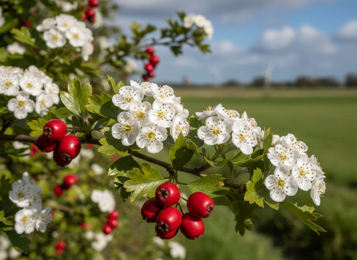 Meidoorn in een haag langs een weiland