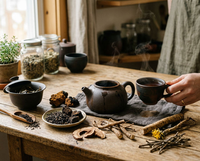 Aardse thee zoals pu erh op tafel