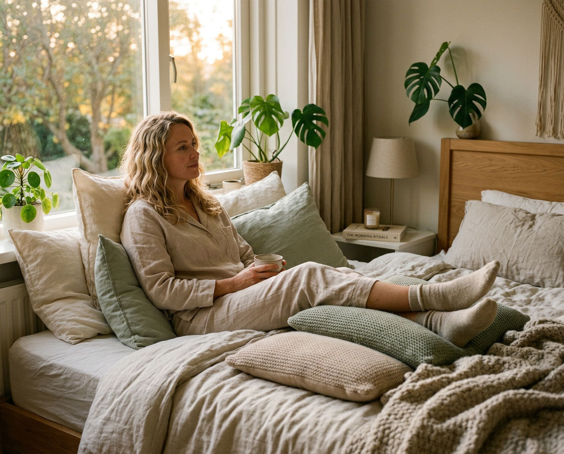 Vrouw op bet met vermoeide benen