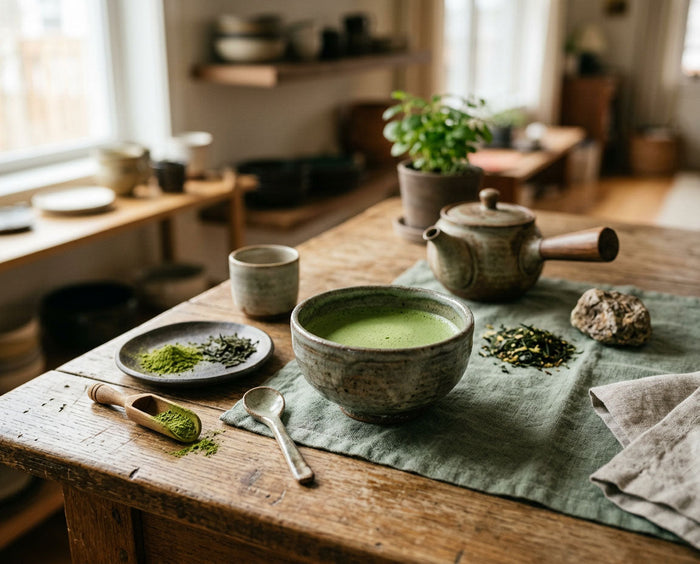 Matcha thee op houten tafel