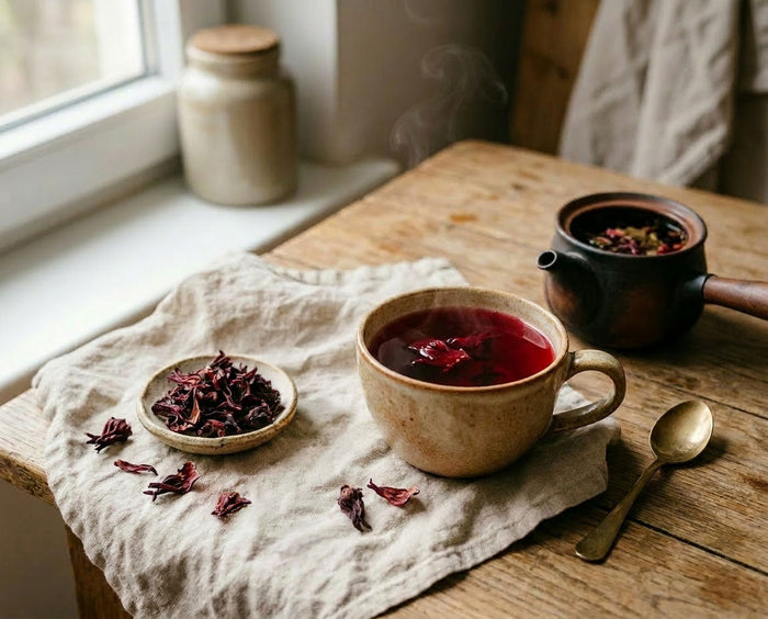 Hibiscus thee op een rustieke tafel
