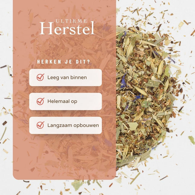 Nederlandse tekst op een perzikkleurige achtergrond met losse lindebloesem en haverstro kruidenthee, drie aangevinkte vakjes en het product Ultieme Herstel biologisch van De Theeplantage.