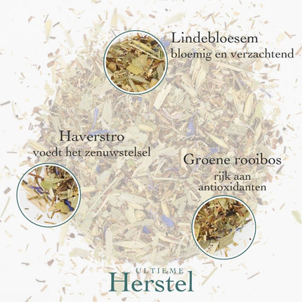 Biologische losse thee met lindebloesem, haverstro en groene rooibos van De Theeplantage in een glazen pot op een houten tafel.