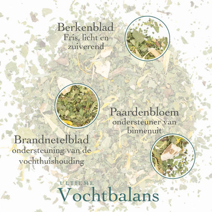Zakje losse biologische thee van De Theeplantage met berkenblad, brandnetelblad en paardenbloem, met de tekst Ultieme Vochtbalans erop.