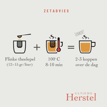 Nederlandstalige infographic met losse thee Ultieme herstel biologisch: 12-15g per liter, 100°C, 8-10 min; onderaan staat Ultieme herstel.