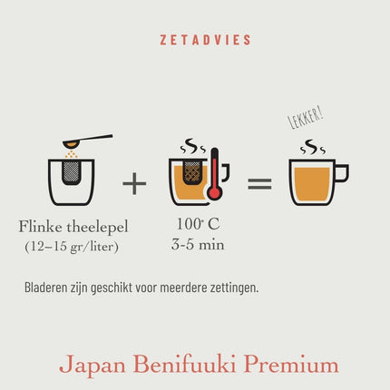 Instructie voor het zetten van Japan Benifuuki Premium biologische losse thee met hoeveelheden, temperatuur en trektijd, LEKKER! in stoom erboven.