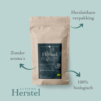 Bruine hersluitbare verpakking Ultieme herstel biologisch losse kruiden met haverstro en lindebloesem op lichtblauwe achtergrond, pijlen tonen: hersluitbaar, geen toegevoegde aromas, 100% biologisch.