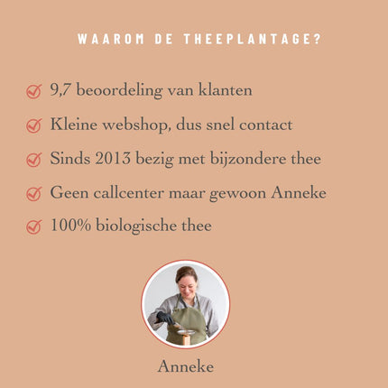 Afbeelding met de titel WAAROM DE THEEPLANTAGE? en kort overzicht van vijf redenen, met daaronder een foto van Anneke.