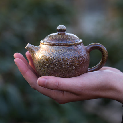 Een persoon houdt met beide handen een Gohobi houtgestookte theepot met deksel vast, met op de achtergrond groen buiten.