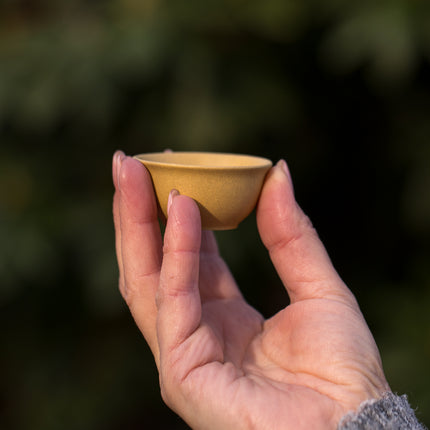 Een hand houdt een gele Gohobi Yixing klei theekop vast buiten, met een groene vervaagde achtergrond.