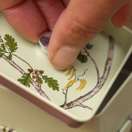Een hand houdt het metalen knopje vast van een Eigenart theeblik van 250 gram met tekeningen van eikentakken, bladeren en eikels.