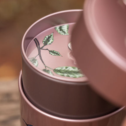 Detailopname van een mauve Eigenart theeblik uit de Birds-serie met het deksel iets open en een reliëf van een vogel en bladeren.