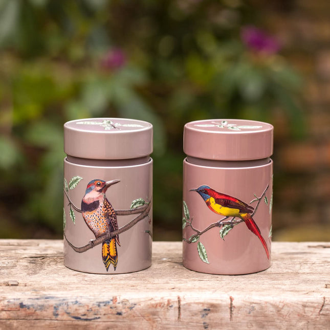 Twee pastelkleurige theeblikjes met deksels en vogelreliëf staan op hout, met een groene wazige achtergrond.