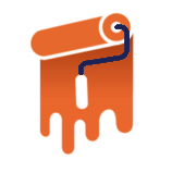 Illustratie van een oranje verfroller met donkerblauwe greep en druipende verf, passend bij De Theeplantages webshopomgeving.
