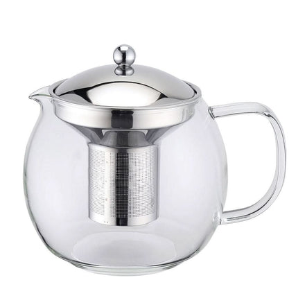 Glazen theepot van 1 liter met metalen deksel, handvat en ingebouwde rvs-theefilter geschikt voor losse thee of kruiden.