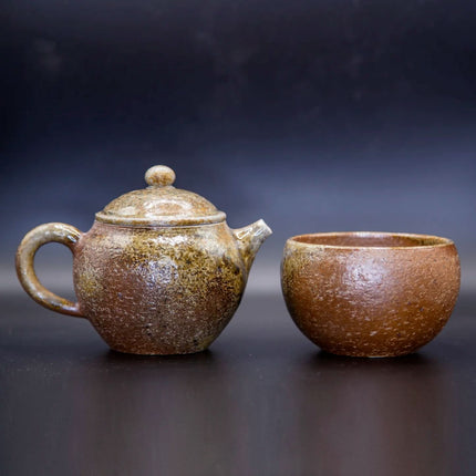 Een Gohobi houtgestookte theepot met deksel staat naast een afgeronde keramische theekop op een donkere ondergrond.