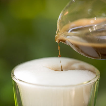 Close-up van koffie op melkschuim met biologisch Houjicha-poeder van De Theeplantage, tegen een zachte groene achtergrond.
