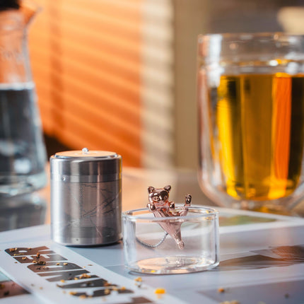 Een glas met een metalen thee-ei in de vorm van een katje staat naast een theefilter, een glas thee en een tijdschrift in zonlicht.