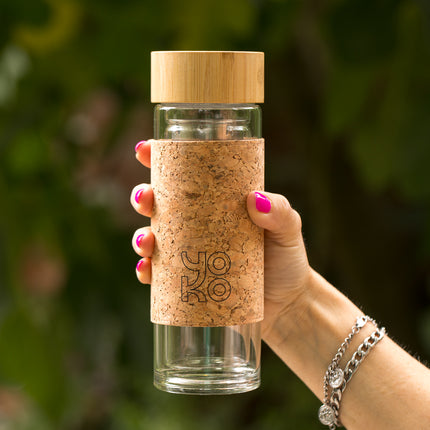 NATURAL’TEA glazen thermosfles 350ml met kurk en bamboe