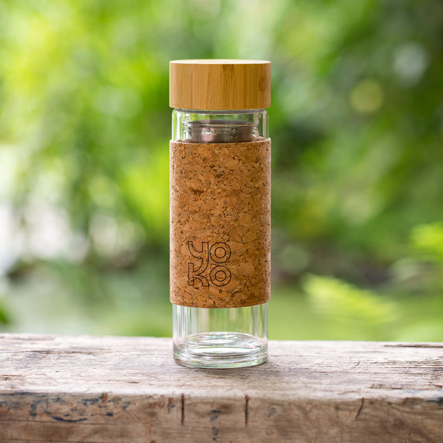 NATURAL’TEA glazen thermosfles 350ml met kurk en bamboe