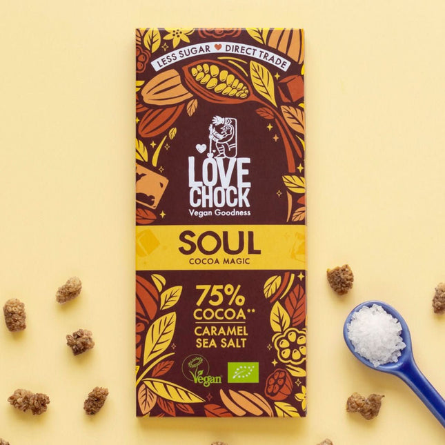Lovechock 75% chocolade met karamel & zeezout – biologisch