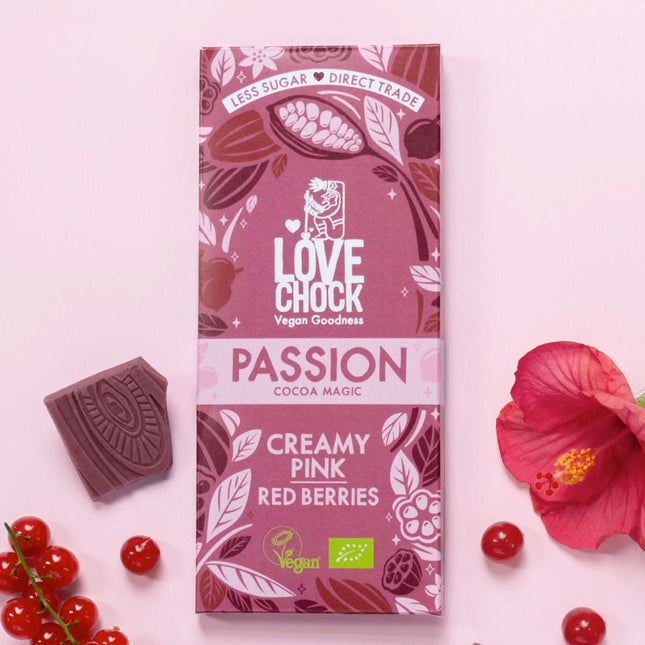 Lovechock Roze chocolade met hibiscus en bessen – biologisch