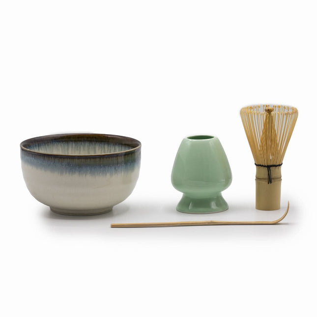 Matcha set – kom, chasen, chashaku en houder (crème/blauw)