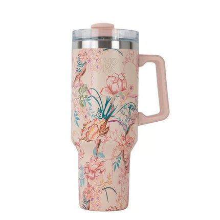 Grote lichtroze Yoko Design XL mok van 1200 ml met handvat, bloemenpatroon en doorzichtige deksel voor thee of kruiden.