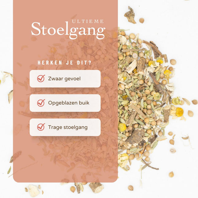 Op een witte achtergrond met perzikkleur zie je Ultieme Stoelgang biologische losse thee, mix van kruiden en venkelzaad.