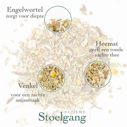 Biologische losse thee met stukjes engelwortel, heemst en venkelzaad van De Theeplantage, zichtbaar in een glazen theepot.