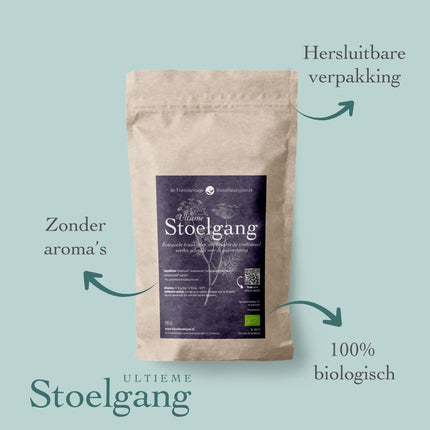 Bruine hersluitbare verpakking De Theeplantage Ultieme stoelgang biologisch met info over losse biologische kruidenthee op lichtblauwe ondergrond.