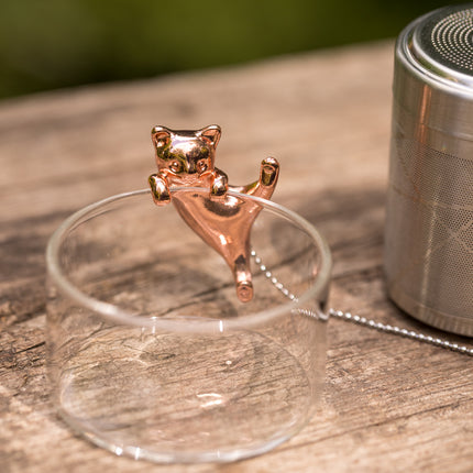 Aan een glazen kopje hangt een metalen thee-ei in de vorm van een kat, naast een roestvrijstalen theefilter op een houten ondergrond.