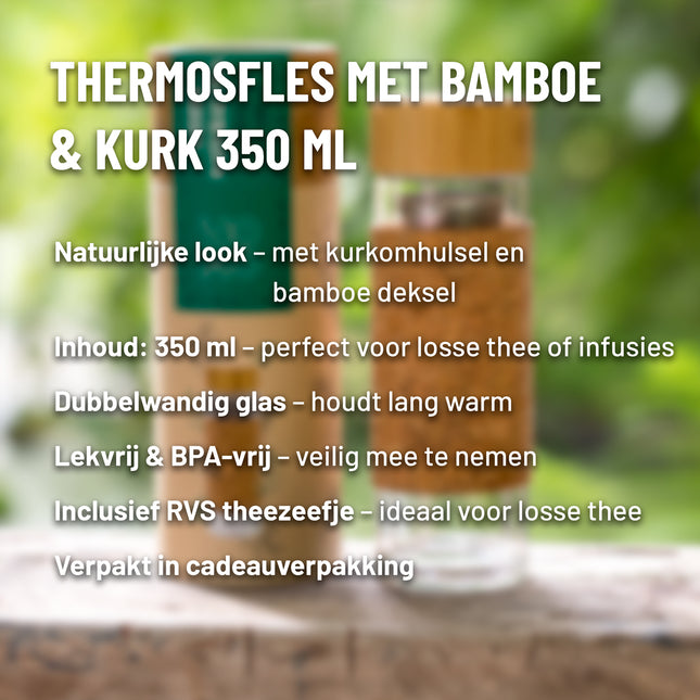 NATURAL’TEA glazen thermosfles 350ml met kurk en bamboe